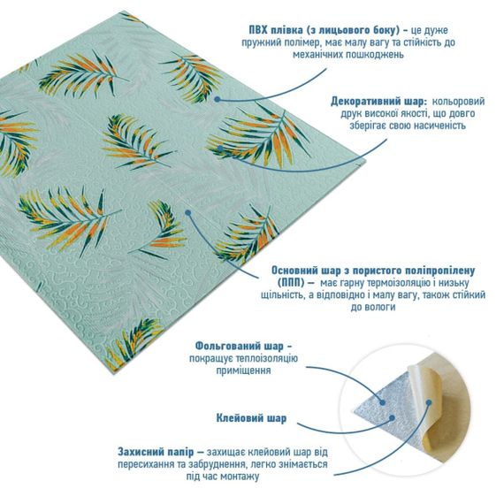 Панель стінова 3D 700х700х4мм папороть на світло-зеленому фоні (D) SW-00001984 | Зображення 1