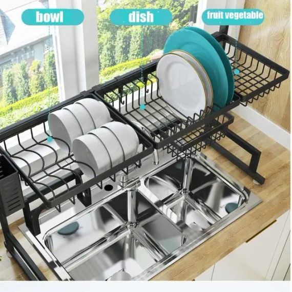 Багатофункціональна Двоярусна полиця - органайзер JYH для сушіння посуду над раковиною, чорна 65 см | Зображення 2