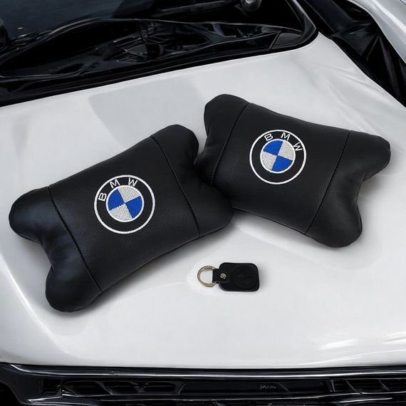 Авто подушки 2 шт — набор BMW из натуральной кожи, на подголовник в машину, Автомобильная OC-135 подушка БМВ | Зображення 4