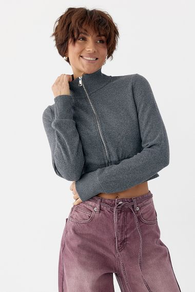 Короткий кардиган на блискавці з коміром-стійкою - сірий цвет, S (є розміри)