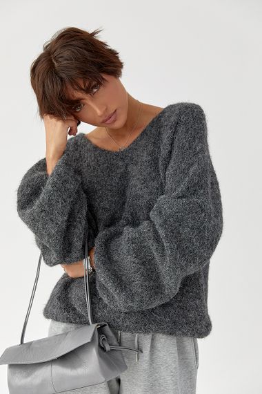 В’язаний жіночий джемпер з рукавами-ліхтариками - темно-сірий цвет, ONE SIZE (є розміри)