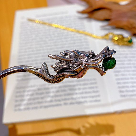 Металева китайська паличка для волосся "Срібний Дракон з нефритом". | Зображення 6