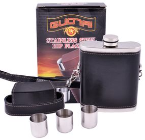 Фляга из пищевой нержавеющей стали обтянута кожей (256мл/ 9oz.) + рюмки BZ-9 Черная