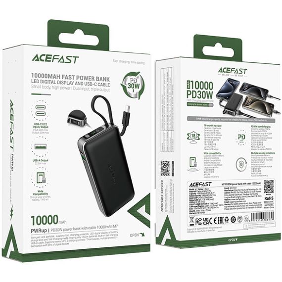 УМБ Acefast 10000mAh 30W PD USB-C witch cable, USB-A, Li-Pol, M7 Black | Зображення 1