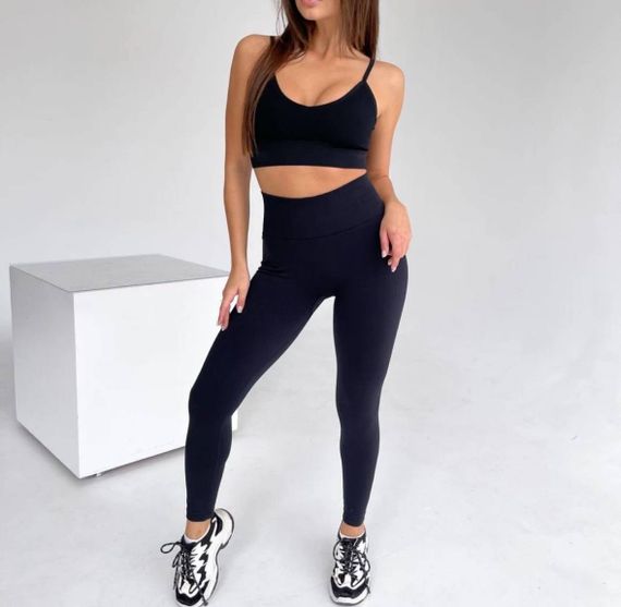 Жіночі лосини в рубчик з ефектом Push Up з високою посадкою колір чорний, розмір 42/48   IP715