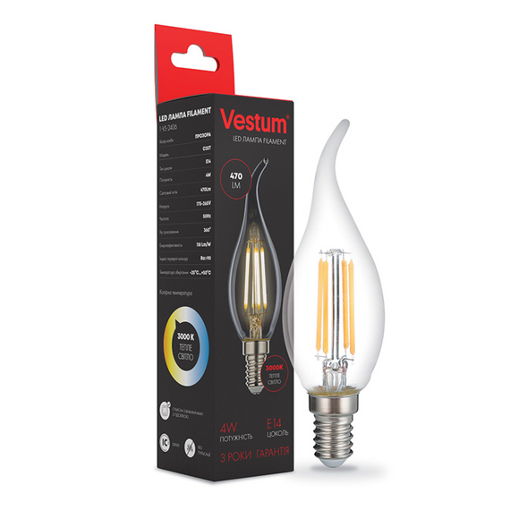 Світлодіодна філаментна лампа Vestum С35Т Е14 4Вт 220V 3000К 1-VS-2406