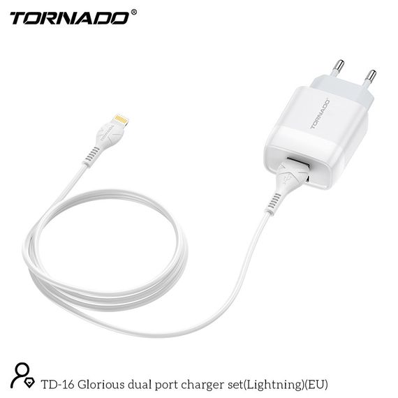 Мережевий зарядний пристрій Tornado TD-16 (2USB/2.4A/1м) + USB кабель Lightning-білий | Зображення 2