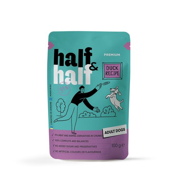 Корм вологий Half and Half, Duck in Gravy for Adult Dogs, шматочки качки в соусі для дорослих собак, 100 г