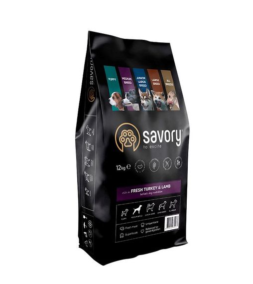 Корм Savory Medium Breed Rich in Fresh Turkey & Lamb сухий з індичкою та ягням для собак середніх порід 12 кг