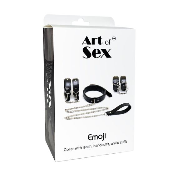 Набір BDSM Art of Sex - Emoji, наручники, поножі, нашийник з повідцем, екошкіра, чорний | Зображення 4