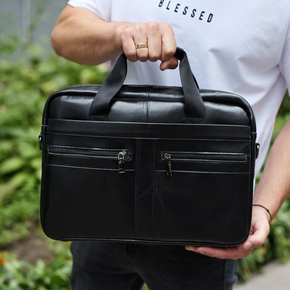 Мужской портфель для ноутбука 38х28х8, офисная кожаная сумочка, городская мужская деловая сумка, черная | Зображення 1