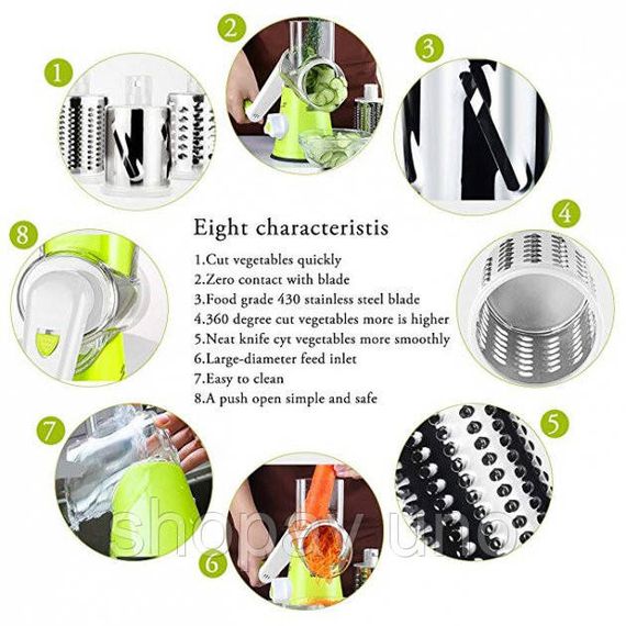 Овочерізка мультислайсер Tabletop Drum Grater Kitchen Master Терка для овочів та фруктів 3 насадки. Колір: зелений | Зображення 9