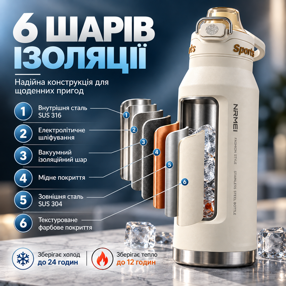 Спортивная термобутылка NRMEI 1000 мл (кремовая/белая) - Вакуумная термобутылка из нержавеющей стали Fashion Style для тренировок | Зображення 3