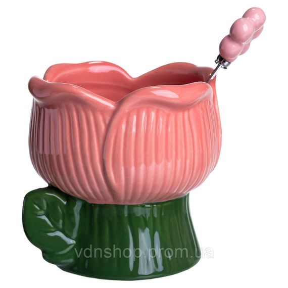 Креманка порцелянова з ложкою у формі квітки 300 (мл) креманка для десертів, морозива та желе Зелений з рожевим FM-42GR | Зображення 1