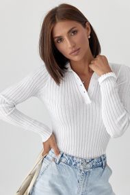 Кофта-поло в рубчик із довгими рукавами - білий цвет, ONE SIZE (є розміри)