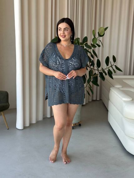 Пляжна коротка сіра туніка PLUS SIZE тоненька в'язка | Зображення 4