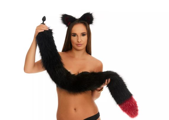 Анальний хутряний хвіст без пробки, Чорний з темно-червоним кінчиком, OKOVA 100 см. Sex Aura | Зображення 2