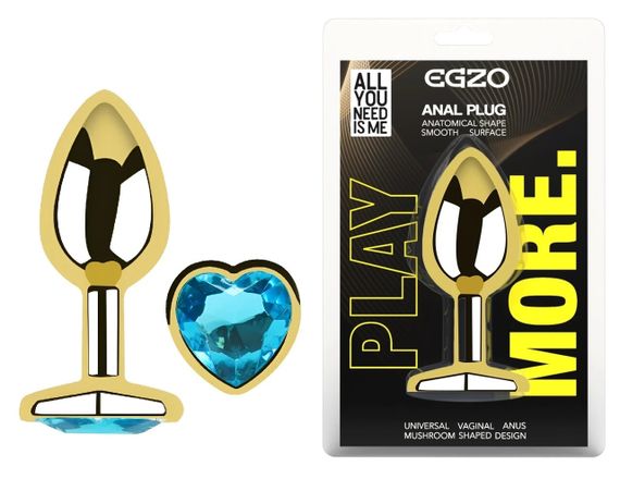 Анальна пробка Egzo Gold Heart Plug Aqua M із блакитним кристалом та широкою основою Sex Aura | Зображення 4