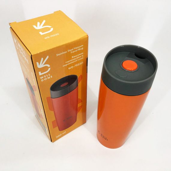 Якісний термос маленький Well Done WD-7053O 380 мл, Термос похідний для напоїв для чаю помповий AE-82 | Зображення 2