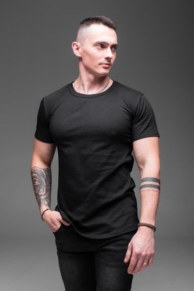 Мужская классическая базовая хлопковая футболка RA938 размер L, цвет черный | Зображення 1