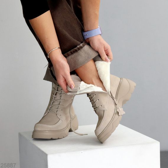 Бежеві зимові високі черевики натуральна замша доступна ціна | Зображення 7