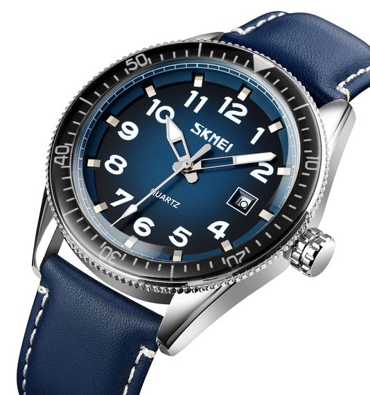 Чоловічий годинник Skmei 9232LSIBU Silver-Blue-Leather Strap | Зображення 1