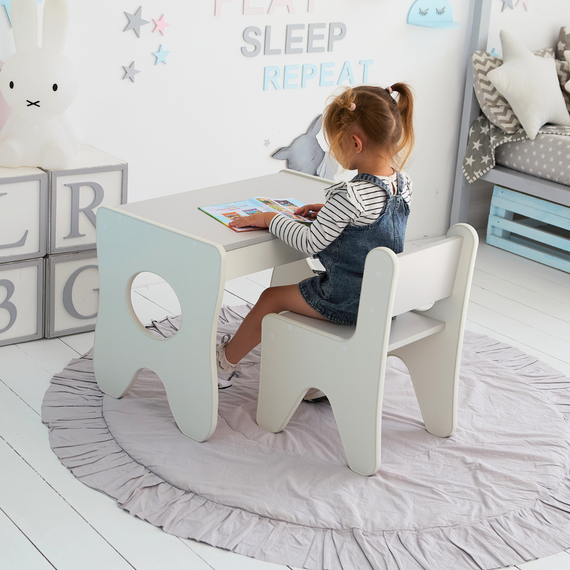 Набір дитячих меблів столик з ящиком та стільчик 70×45×51, стіл та стілець для дітей, білий з сірим | Зображення 5