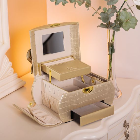 Скринька для прикрас з еко шкіри 3 яруси із замком органайзер для ювелірних виробів HP-5-21GOLD | Зображення 9