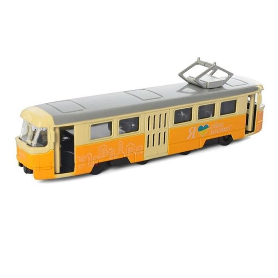 Трамвай M 5660 метал,1:70, інерційний, 18,5см, відчиняються двері, в коробці (6903317521630) Жовтий