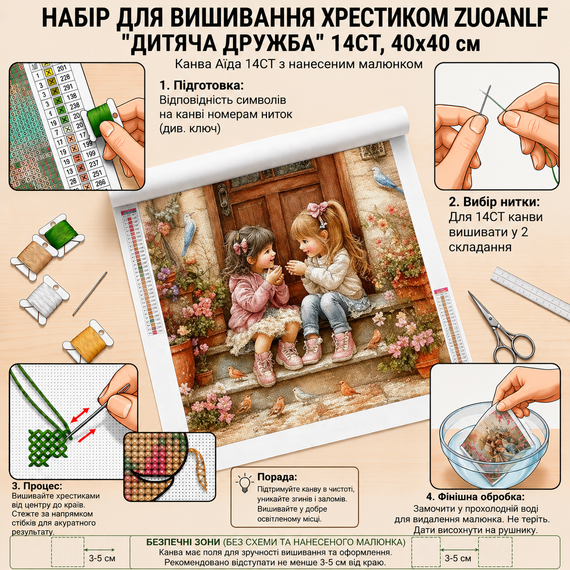 Набор для вышивки крестом ZUOANLF "Детская Дружба" 14CT, 40x40 см, канва Аида с нанесенным рисунком | Зображення 2