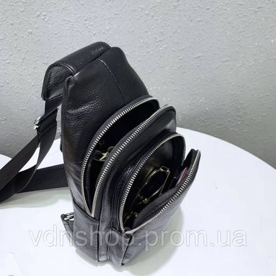 Слінг шкіряний чоловічий на плече18х32х8, нагрудна сумка рюкзак для студента TIDING BAG TH-73583 чорна | Зображення 6