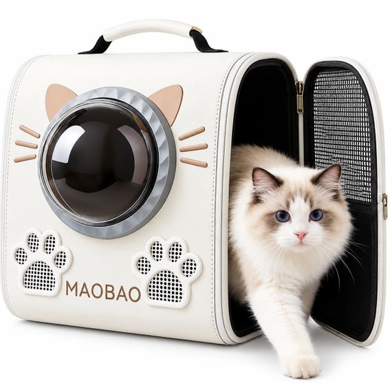 Рюкзак-переноска S-cat2 36×24×40 см білий • Рюкзак для котів S-cat2 з прозорим вікном, вентиляцією та декоративними вушками