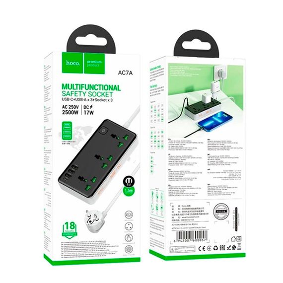Мережевий фільтр HOCO AC7A на 3 розетки + 3 USB+USB-C, 17W, 220В, кабель 1, 5м | Зображення 2