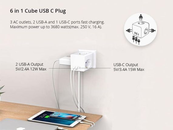 Розетка разветвитель, Куб удлинитель 6 в 1, 3 розетки, зарядными устройствами USB A и 1 USB C, | Зображення 1
