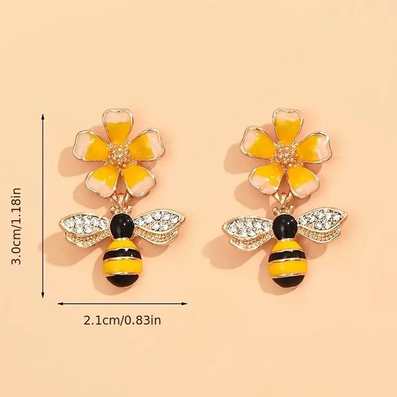 Серьги гвоздики с подвеской Liresmina Jewelry Пчела и Цветок с капельной глазурью 3 см золотистые | Зображення 5