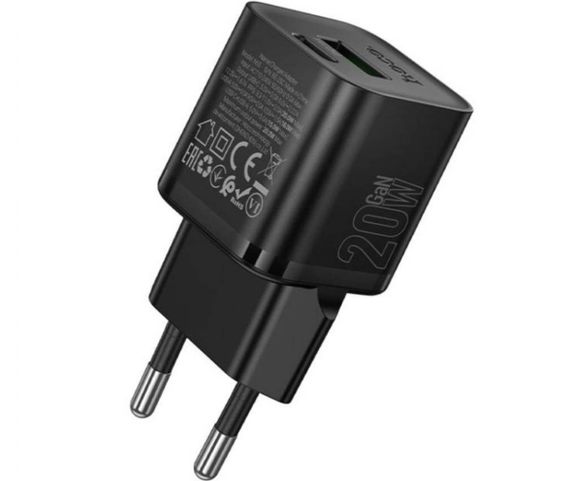 Мережевий зарядний пристрій Hoco N65 20W USB QC3.0 + Type-C PD швидка зарядка - Black | Зображення 1