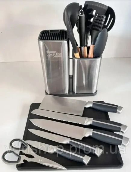 Набор ножей и кухонная утварь лопатки для кухни 17 в 1 дошечка для нарезки на тройной подставке, ножницы с напильником для заточки | Зображення 3