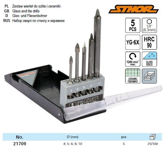 Набір свердл по склу і кераміці STHOR : Ø=4, 5, 6, 8, 10 мм, YG6X, HEX-1/4", 5 шт VOREL-21709