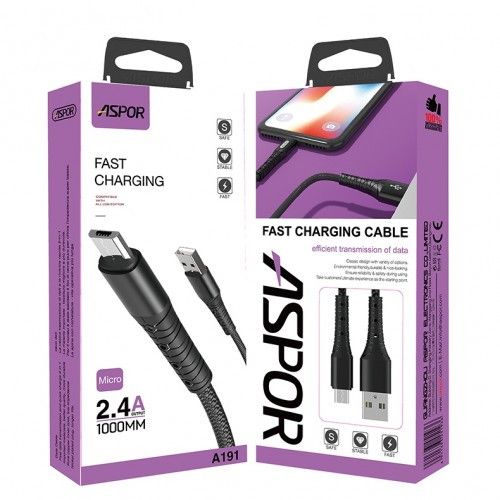 USB кабель Aspor - A191 microUSB 2.4 A/ 1м Black | Зображення 3