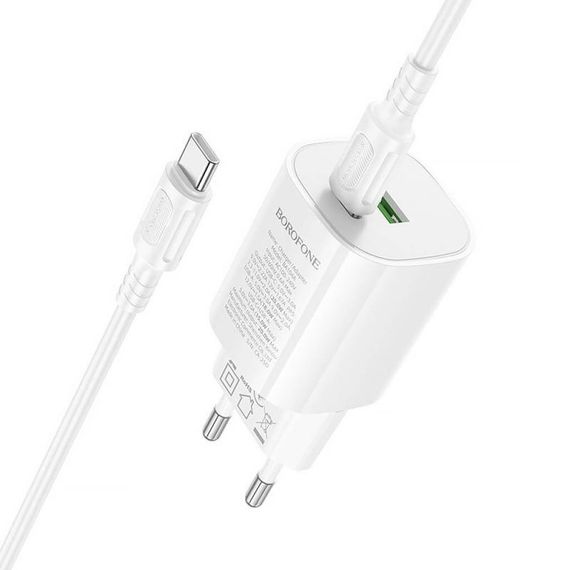 МЗП Borofone BA104A Pudding PD20W+QC3.0 (1USB-A/1C) + кабель Type-C to Type-C White | Зображення 2