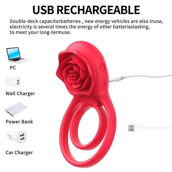 Подвійне рекційне кільце з вібрацією Hgod Rose USB | Зображення 5