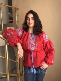 Вышиванка женская , красная,с вышивкой, цветы , "маки с виноградом" домотканная ткань , рукав "бохо"