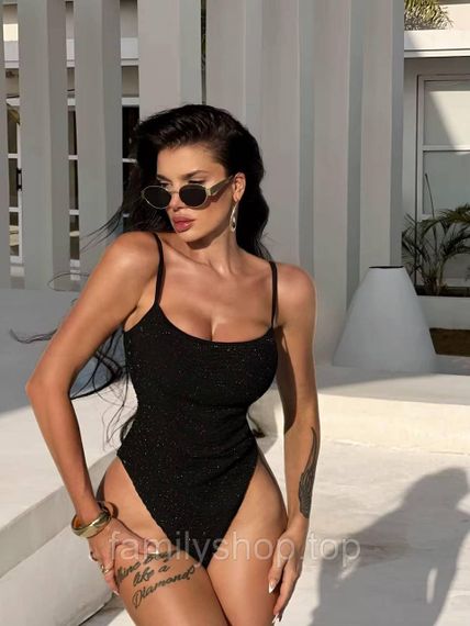 Цельный женский купальник с тонкими бретелями блестящий жатка, MBс264, цвет черный, размер M | Зображення 2