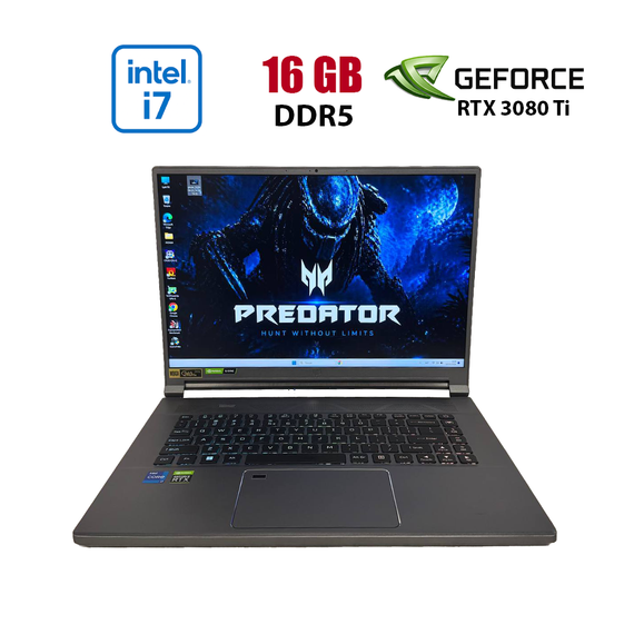 Игровой ноутбук Acer Predator Triton PT516-52s / 16" (2560x1600) IPS / Intel Core i7-12700H (14 (20) ядер по 3.5 - 4.7 GHz) / 16 GB DDR5 / 1000 GB SSD / nVidia GeForce RTX 3080 Ti, 16 GB GDDR6, 256-bit / WebCam б/у
