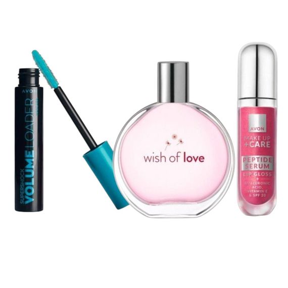 Подарунковий набір Avon Wish of Love: туалетна вода 50 мл + блиск-сироватка для губ + туш для вій | жіночий косметичний набір