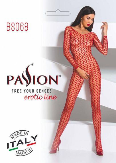 Бодістокінг Passion BS068 red, комбінезон, велика сітка, довгий рукав Sex Aura | Зображення 3