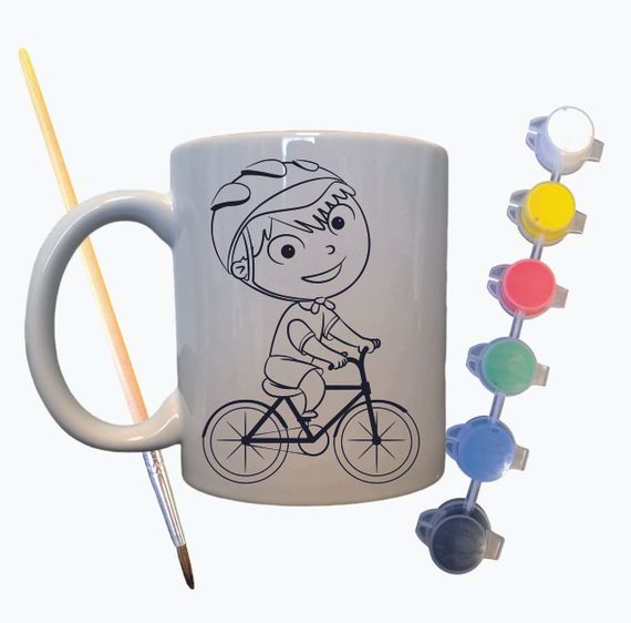 Набір для творчості кружка розмальовка "Дитина велосипедист" 330 мл біла | Зображення 1
