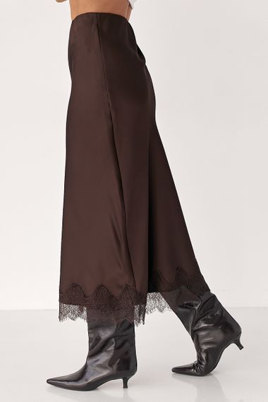 Атласна спідниця міді з мереживом - коричневий цвет, S (є розміри) | Зображення 4