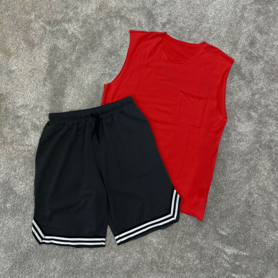 Мужской летний костюм майка и шорты BD0037 цвет красный + черный, размер M | Зображення 1