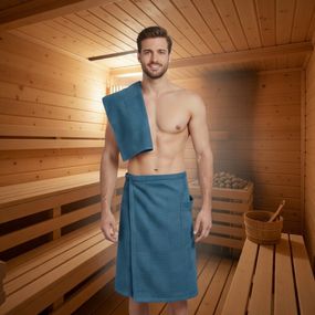 Мужской вафельный банный набор Килт короткий р.42-48 + Полотенце 50х90 см петроль, юбка-полотенце для бани и сауны батал